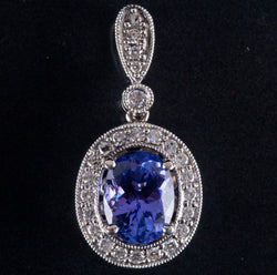 18k White Gold Oval Tanzanite Round Diamond Halo Style Pendant 1.53ctw 3.55g