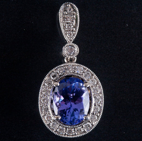 18k White Gold Oval Tanzanite Round Diamond Halo Style Pendant 1.53ctw 3.55g