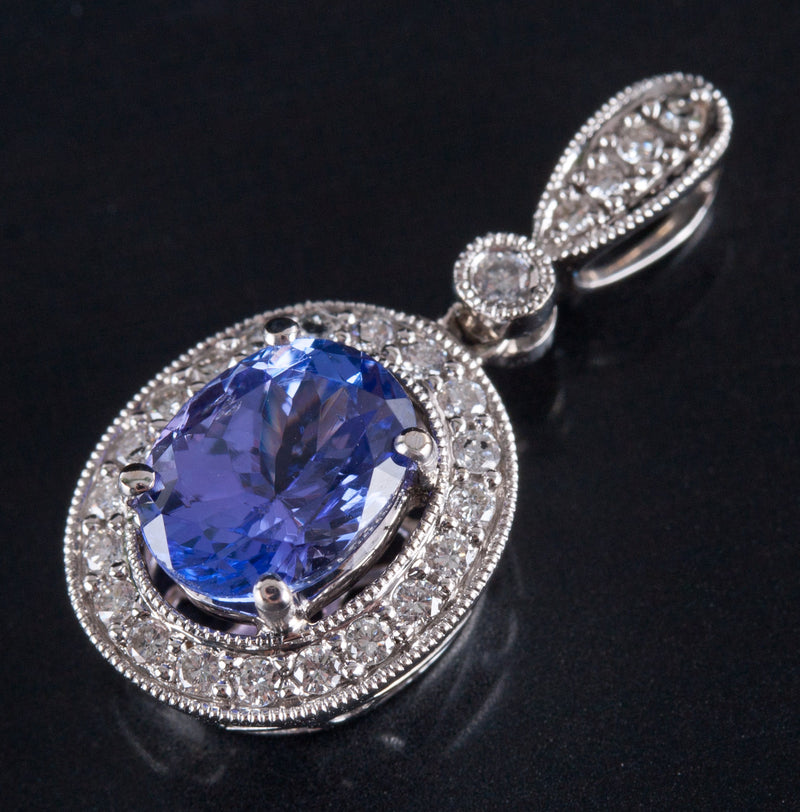 18k White Gold Oval Tanzanite Round Diamond Halo Style Pendant 1.53ctw 3.55g