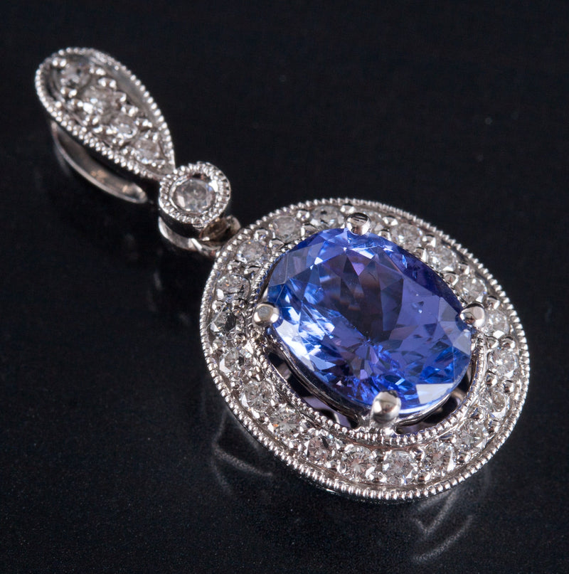 18k White Gold Oval Tanzanite Round Diamond Halo Style Pendant 1.53ctw 3.55g