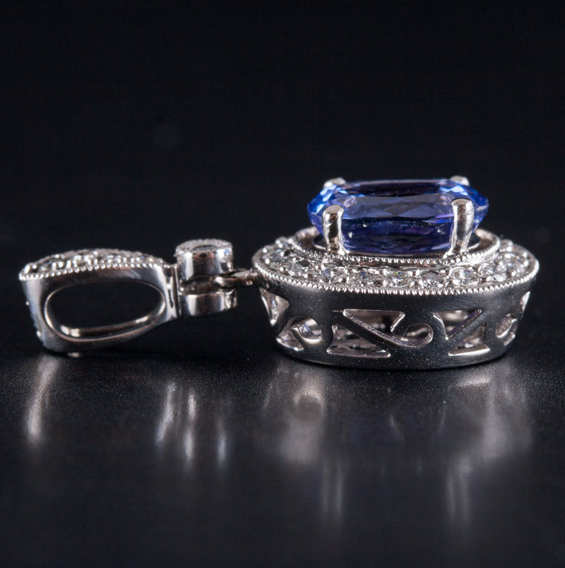 18k White Gold Oval Tanzanite Round Diamond Halo Style Pendant 1.53ctw 3.55g