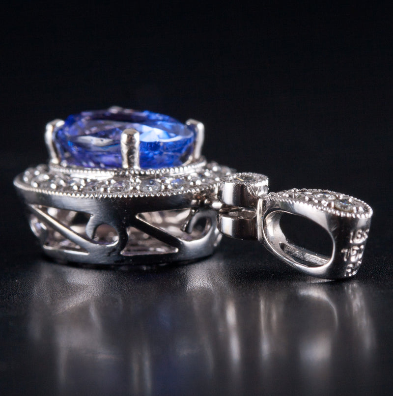 18k White Gold Oval Tanzanite Round Diamond Halo Style Pendant 1.53ctw 3.55g