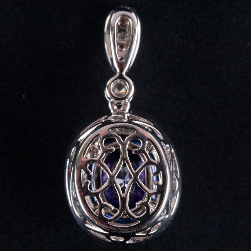 18k White Gold Oval Tanzanite Round Diamond Halo Style Pendant 1.53ctw 3.55g