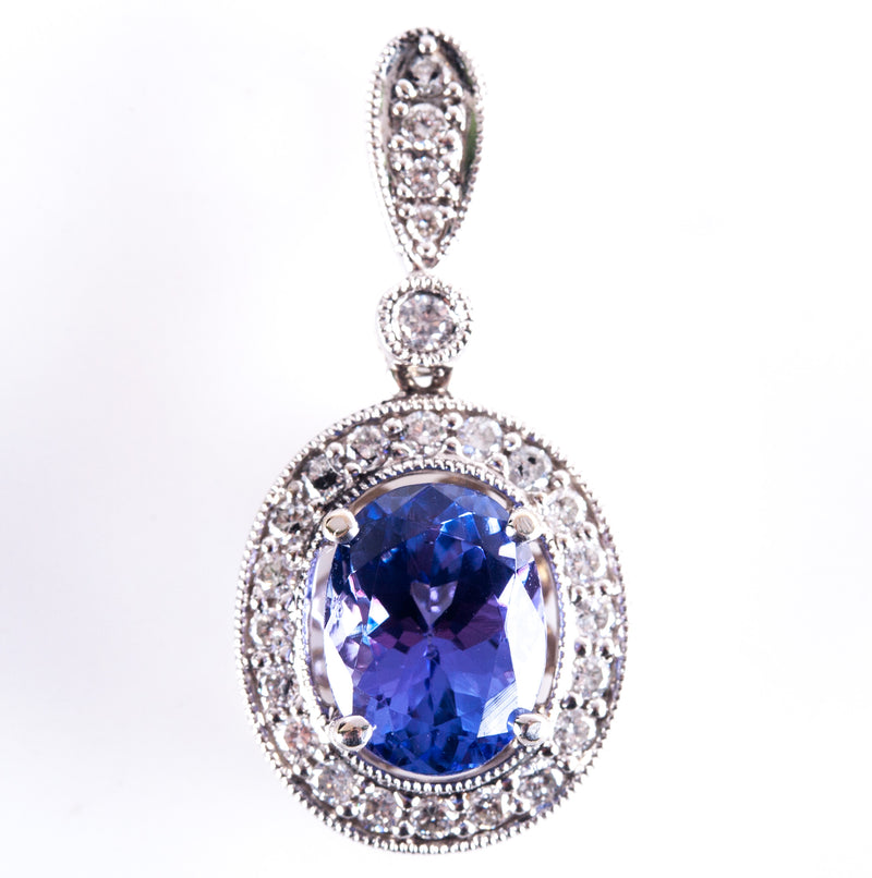 18k White Gold Oval Tanzanite Round Diamond Halo Style Pendant 1.53ctw 3.55g