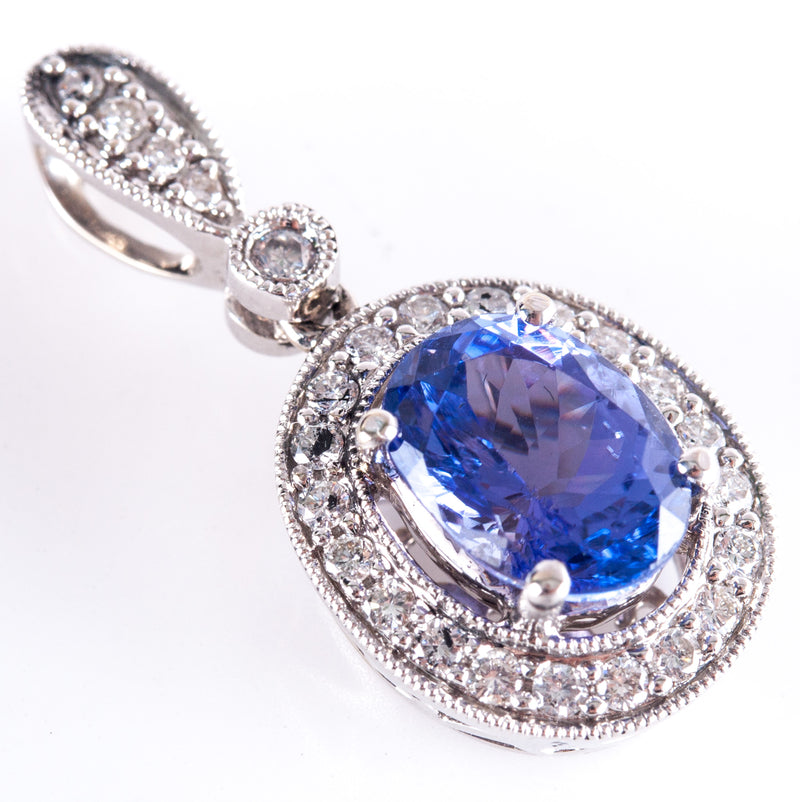 18k White Gold Oval Tanzanite Round Diamond Halo Style Pendant 1.53ctw 3.55g