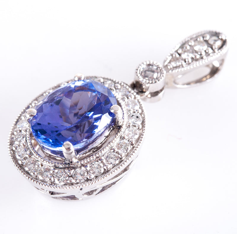 18k White Gold Oval Tanzanite Round Diamond Halo Style Pendant 1.53ctw 3.55g