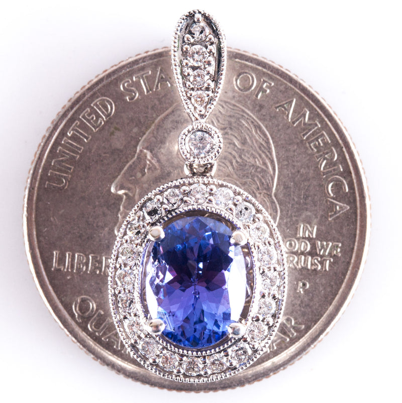 18k White Gold Oval Tanzanite Round Diamond Halo Style Pendant 1.53ctw 3.55g