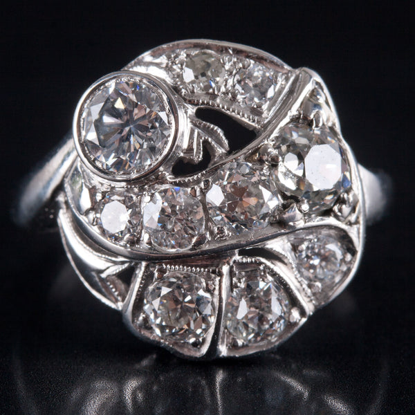 Vintage 1930's Platinum Round G - H SI1 Diamond Cluster Style Ring 1.14ctw 6.65g