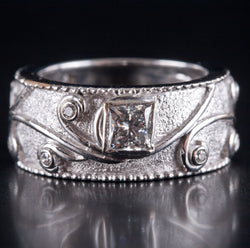 18k White Gold Princess / Round Diamond Floral Style Band Ring .67ctw 7.93g