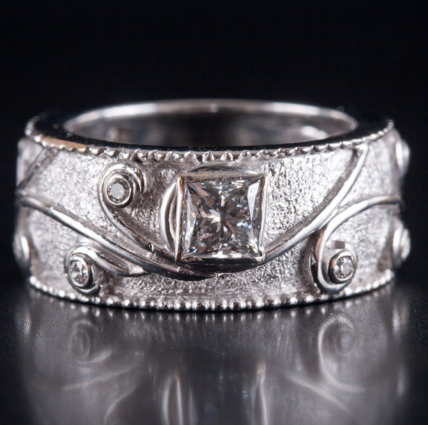 18k White Gold Princess / Round Diamond Floral Style Band Ring .67ctw 7.93g