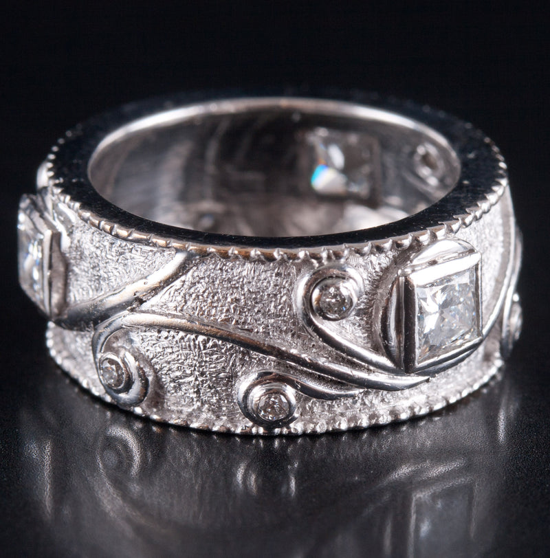 18k White Gold Princess / Round Diamond Floral Style Band Ring .67ctw 7.93g