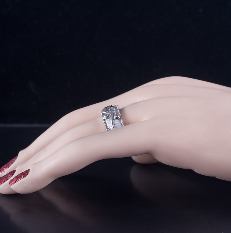 18k White Gold Princess / Round Diamond Floral Style Band Ring .67ctw 7.93g