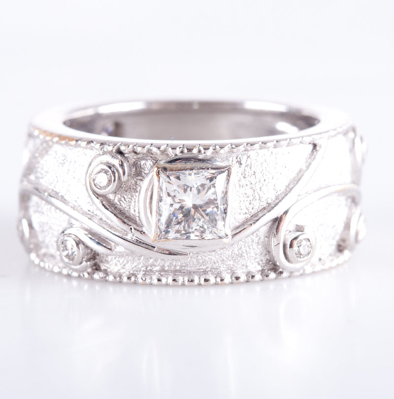 18k White Gold Princess / Round Diamond Floral Style Band Ring .67ctw 7.93g