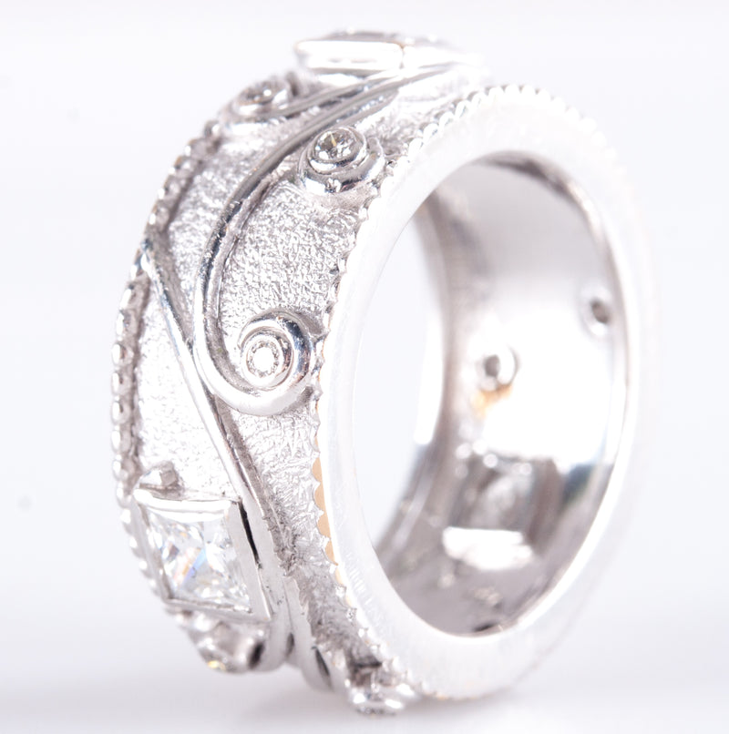 18k White Gold Princess / Round Diamond Floral Style Band Ring .67ctw 7.93g