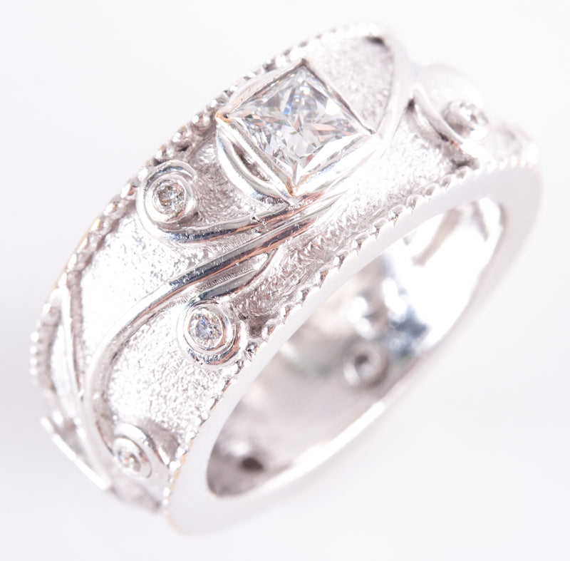 18k White Gold Princess / Round Diamond Floral Style Band Ring .67ctw 7.93g