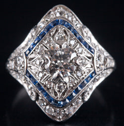 Vintage 1920's Platinum Transitional Diamond Sapphire Engagement Ring 1.26ctw