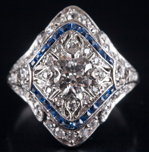 Vintage 1920's Platinum Transitional Diamond Sapphire Engagement Ring 1.26ctw
