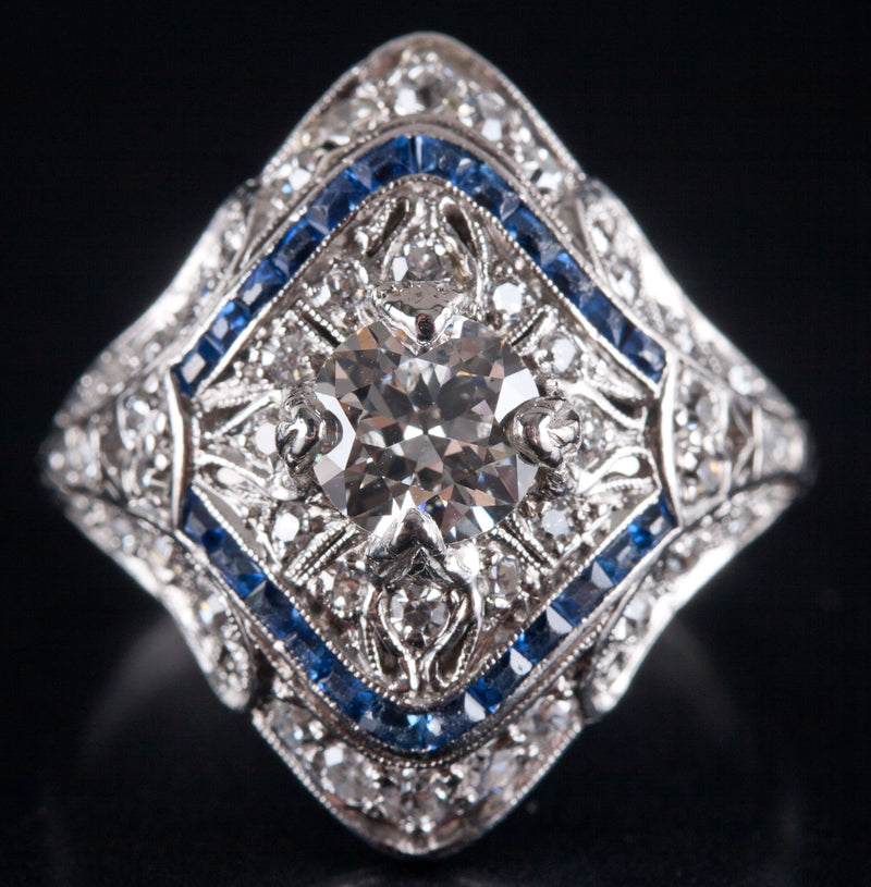 Vintage 1920's Platinum Transitional Diamond Sapphire Engagement Ring 1.26ctw