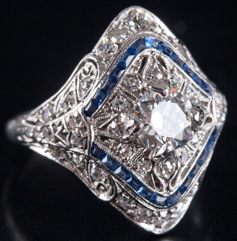 Vintage 1920's Platinum Transitional Diamond Sapphire Engagement Ring 1.26ctw