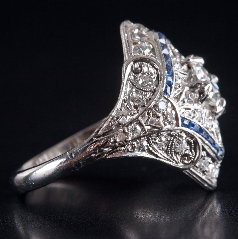 Vintage 1920's Platinum Transitional Diamond Sapphire Engagement Ring 1.26ctw