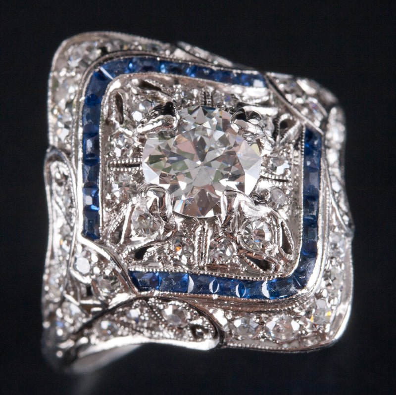 Vintage 1920's Platinum Transitional Diamond Sapphire Engagement Ring 1.26ctw
