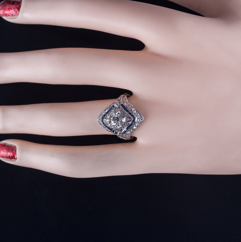 Vintage 1920's Platinum Transitional Diamond Sapphire Engagement Ring 1.26ctw