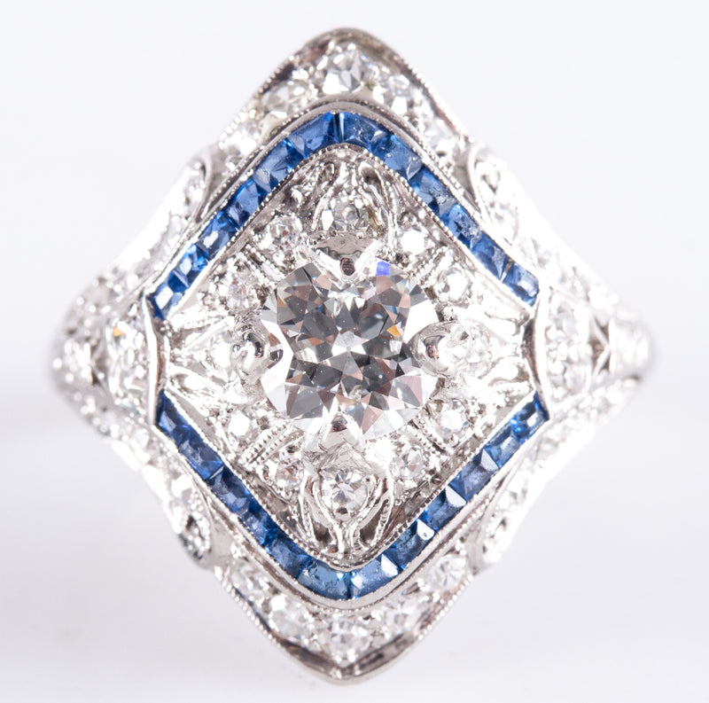 Vintage 1920's Platinum Transitional Diamond Sapphire Engagement Ring 1.26ctw