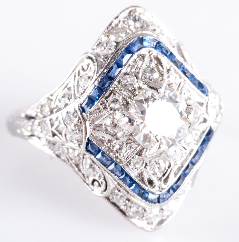 Vintage 1920's Platinum Transitional Diamond Sapphire Engagement Ring 1.26ctw