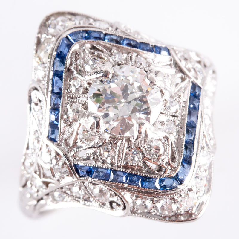 Vintage 1920's Platinum Transitional Diamond Sapphire Engagement Ring 1.26ctw