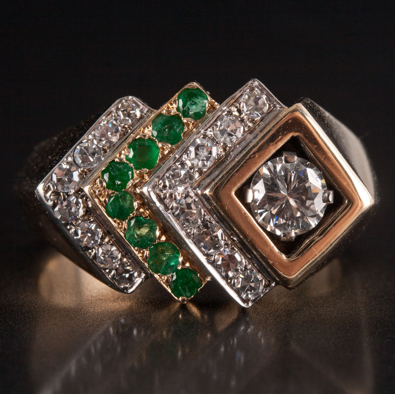 14k Yellow Gold Round Diamond Emerald Cocktail Style Ring .89ctw 12.28g