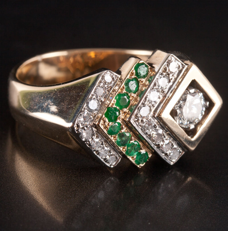 14k Yellow Gold Round Diamond Emerald Cocktail Style Ring .89ctw 12.28g