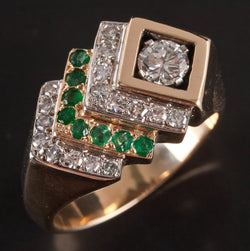 14k Yellow Gold Round Diamond Emerald Cocktail Style Ring .89ctw 12.28g