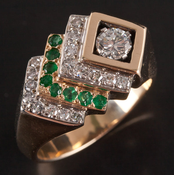 14k Yellow Gold Round Diamond Emerald Cocktail Style Ring .89ctw 12.28g
