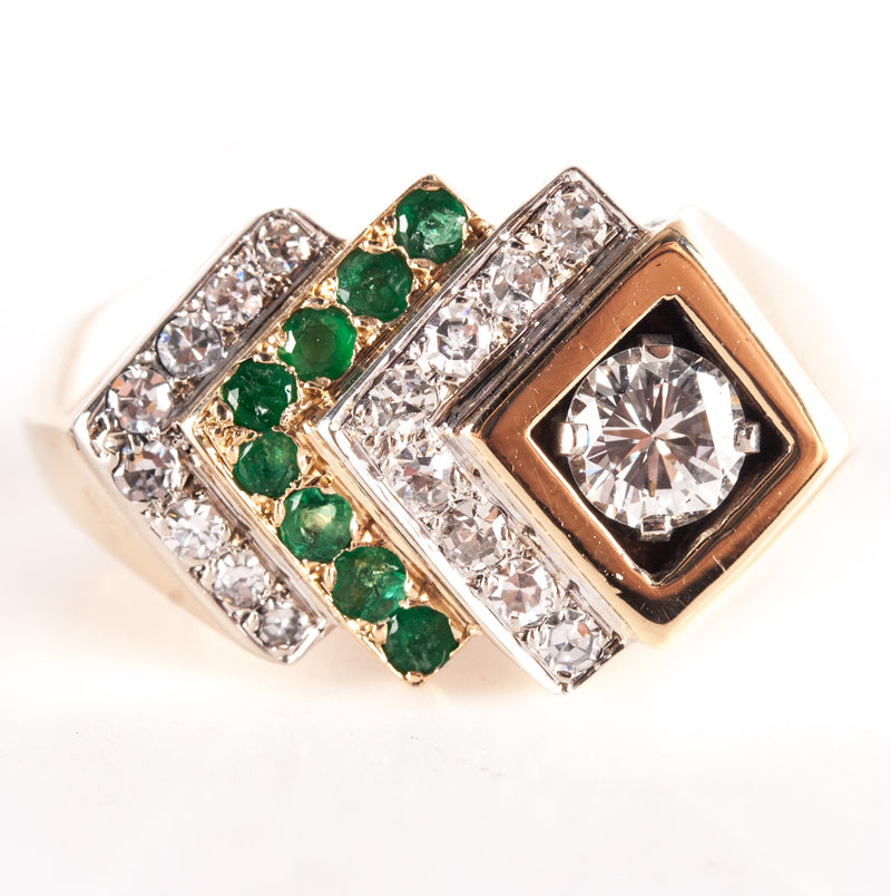 14k Yellow Gold Round Diamond Emerald Cocktail Style Ring .89ctw 12.28g