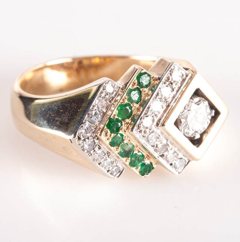14k Yellow Gold Round Diamond Emerald Cocktail Style Ring .89ctw 12.28g