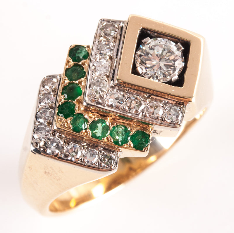 14k Yellow Gold Round Diamond Emerald Cocktail Style Ring .89ctw 12.28g