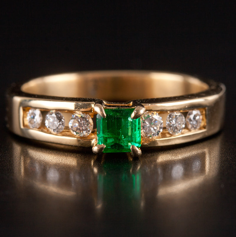 18k Yellow Gold Princess Emerald Solitaire Ring W/ Diamond Accents .48ctw 4.60g