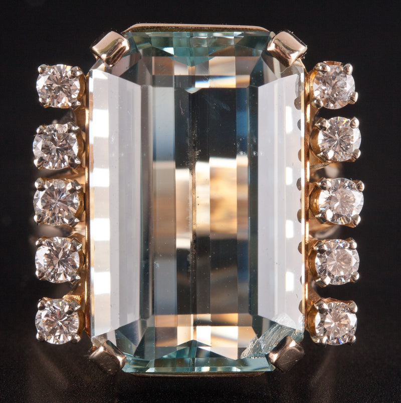 14k Yellow Gold Emerald Shaped Aquamarine Diamond Cocktail Ring 13.84ctw 11.42g