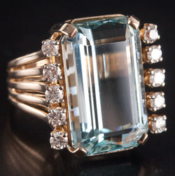 14k Yellow Gold Emerald Shaped Aquamarine Diamond Cocktail Ring 13.84ctw 11.42g