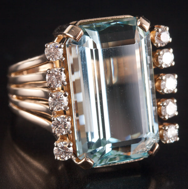 14k Yellow Gold Emerald Shaped Aquamarine Diamond Cocktail Ring 13.84ctw 11.42g