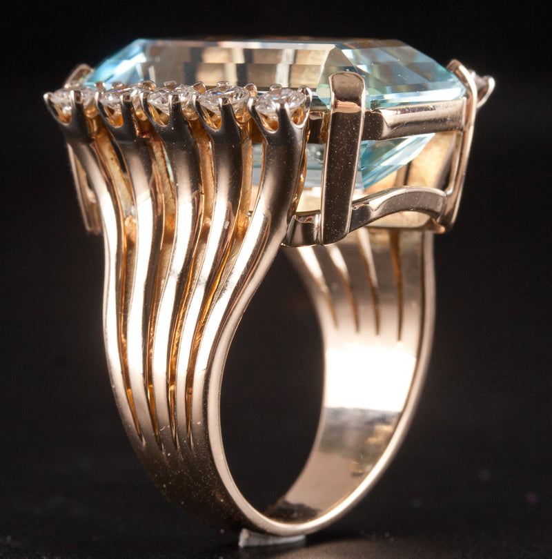 14k Yellow Gold Emerald Shaped Aquamarine Diamond Cocktail Ring 13.84ctw 11.42g