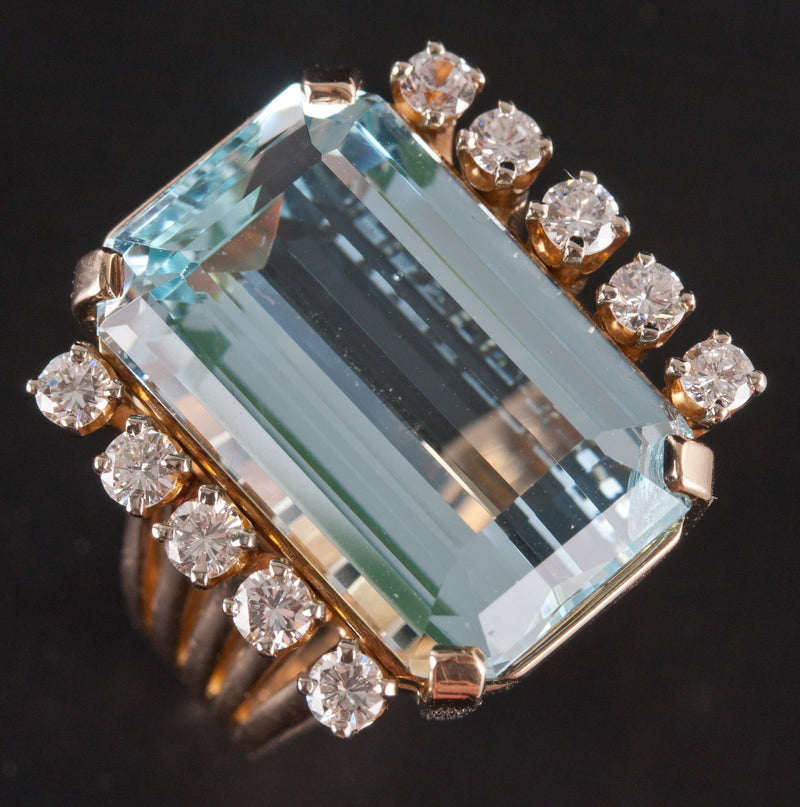 14k Yellow Gold Emerald Shaped Aquamarine Diamond Cocktail Ring 13.84ctw 11.42g