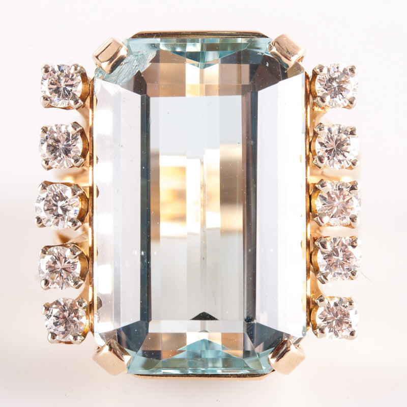 14k Yellow Gold Emerald Shaped Aquamarine Diamond Cocktail Ring 13.84ctw 11.42g