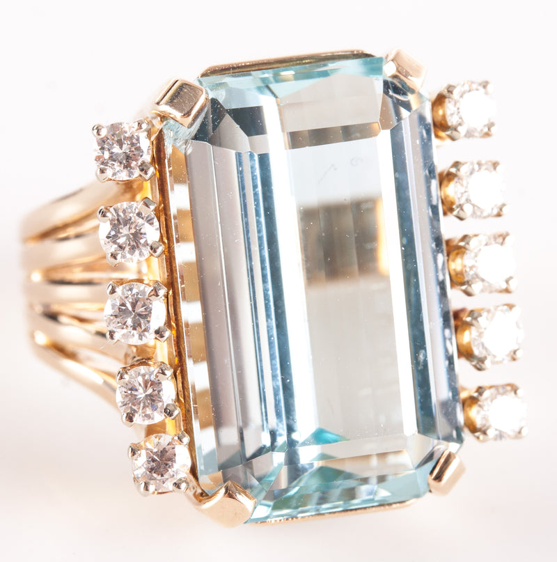 14k Yellow Gold Emerald Shaped Aquamarine Diamond Cocktail Ring 13.84ctw 11.42g