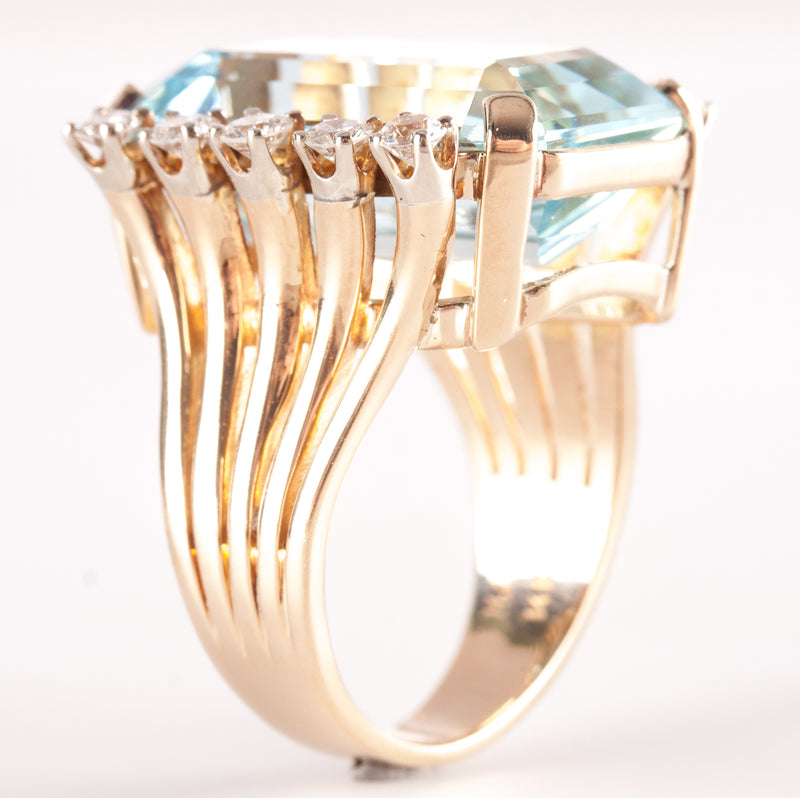 14k Yellow Gold Emerald Shaped Aquamarine Diamond Cocktail Ring 13.84ctw 11.42g