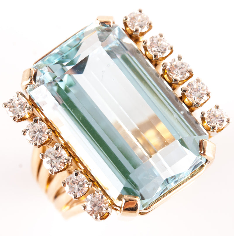 14k Yellow Gold Emerald Shaped Aquamarine Diamond Cocktail Ring 13.84ctw 11.42g