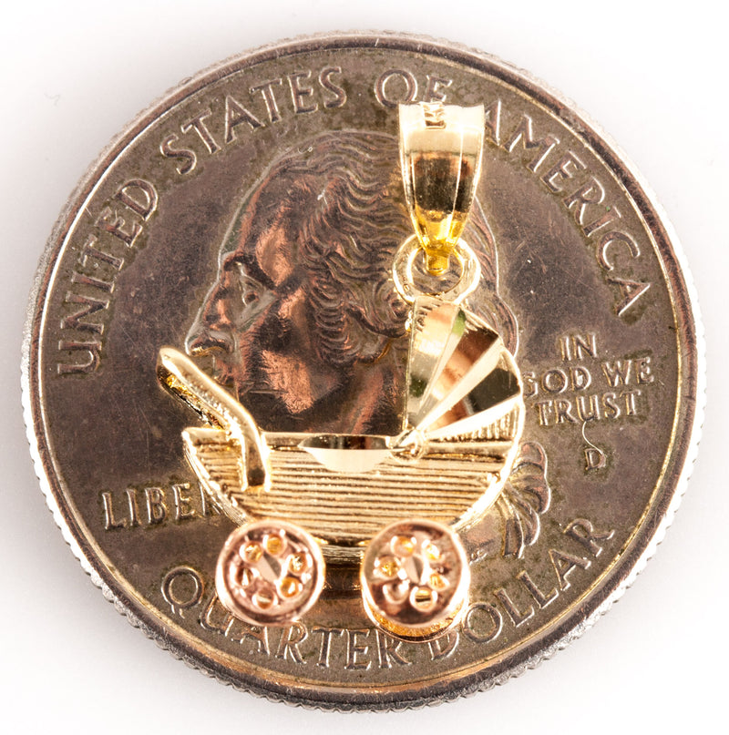 14k Yellow Rose Gold Baby Stroller Charm Pendant 1.65g 17.7mm x 12.5mm