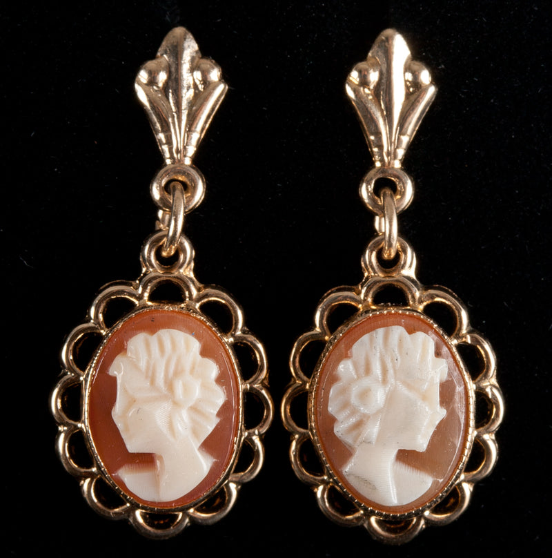 14k Yellow Gold Agate Cameo Style Solitaire Dangle Earrings W/ Butterfly Backs