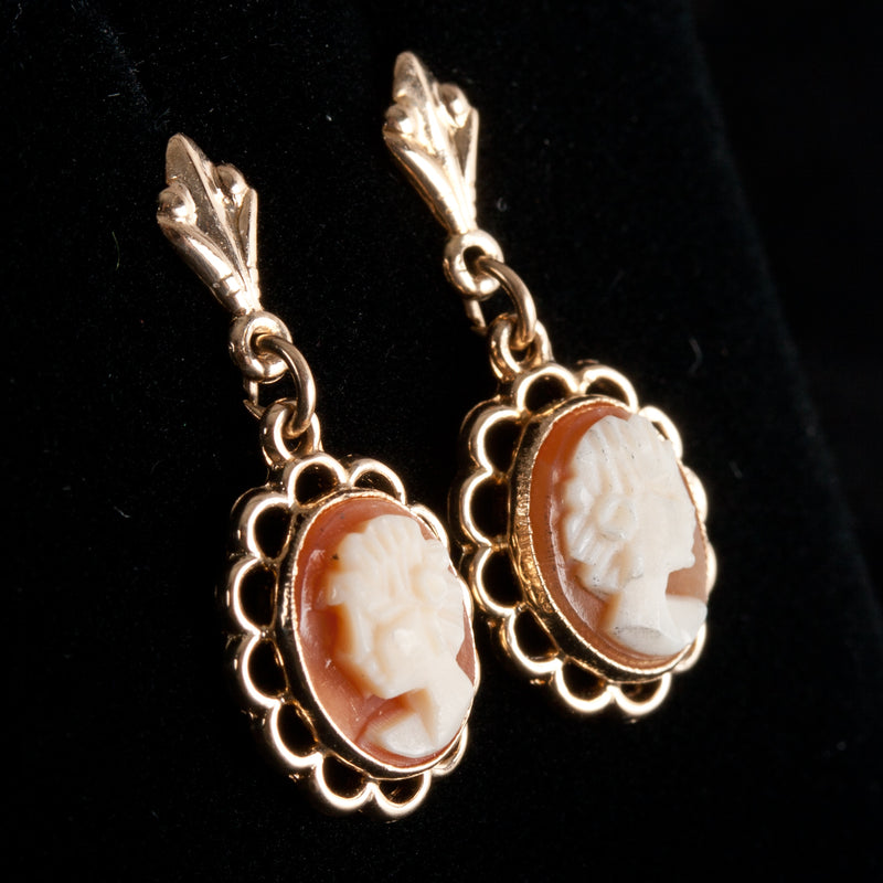 14k Yellow Gold Agate Cameo Style Solitaire Dangle Earrings W/ Butterfly Backs