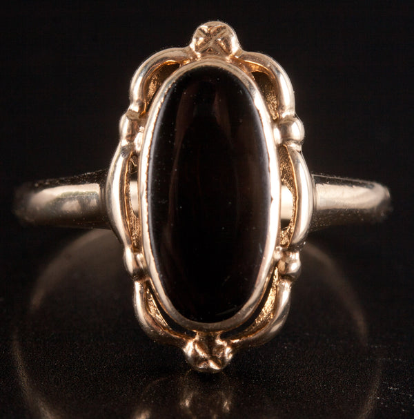 10k Yellow Gold Oval Cabochon Inlay Onyx Solitaire Ring 1.92g Size 5.5